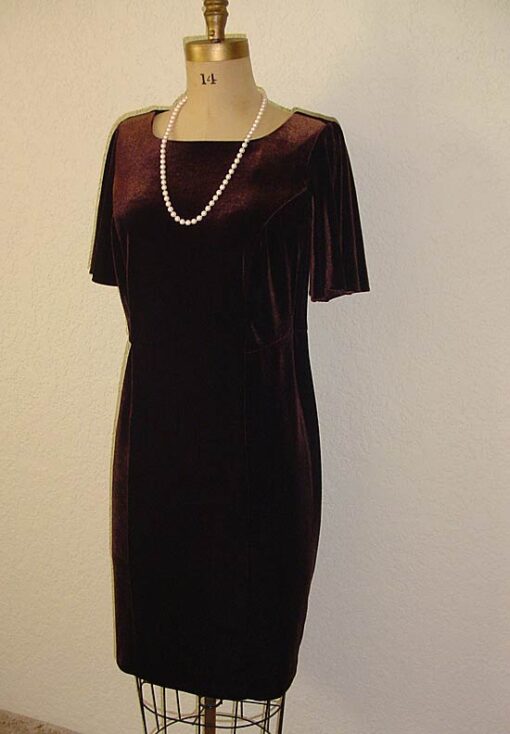 Petite Plus Patterns 303 All Season Dress, flounce-sleeve version in brown stretch-velvet