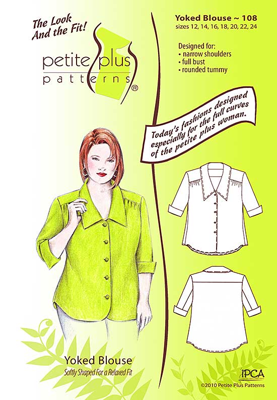 Cover, Petite Plus Patterns 108 Yoked Blouse, size 12-24, illustration, flats, Designed for Narrow Shoulders, Full Bust