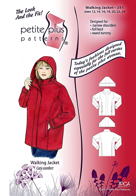 Cover, Petite Plus Patterns 251, Walking Jacket, size 12-24, designed for full-figured petites, narrow shoulders, full bust, illustration, flats