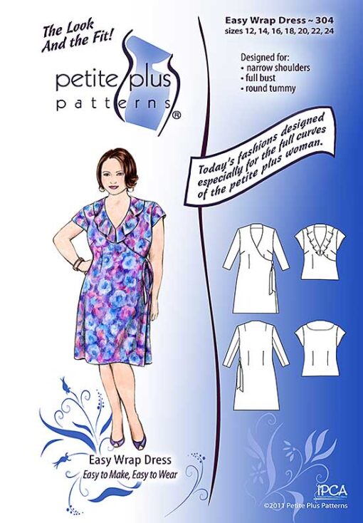 Cover, Petite Plus Patterns 304, Easy Wrap Dress, size 12-24, designed for narrow shoulders and full bust, illustration, flats