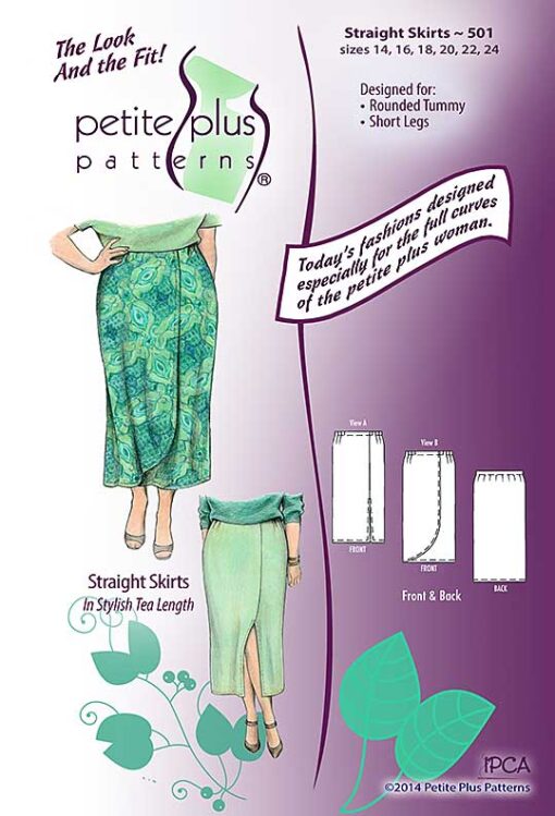 Cover, Petite Plus Patterns 501, Straight Skirts, size 14-24, designed for full-figured petites, illustration, flats, in tea length
