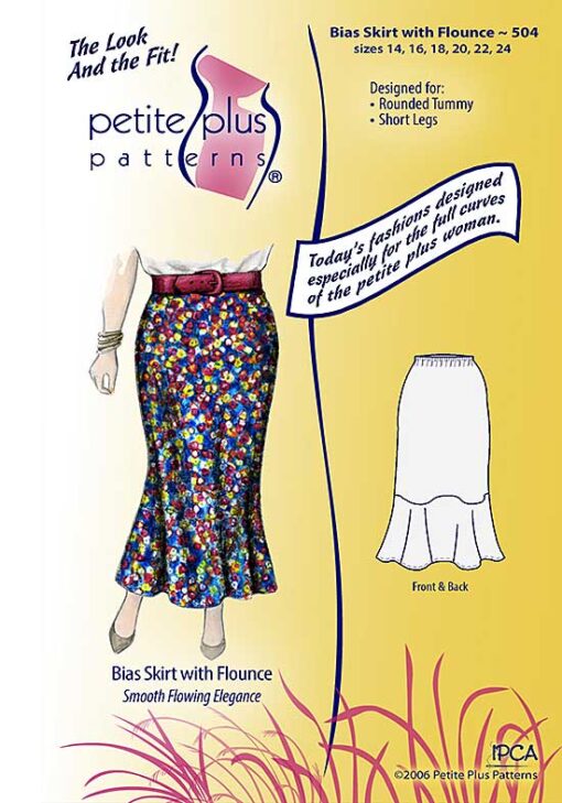 Cover, Petite Plus Patterns 504, Bias Skirt with Flounce, size 14-24, designed for full-figured petites, illustration, flats, in tea length