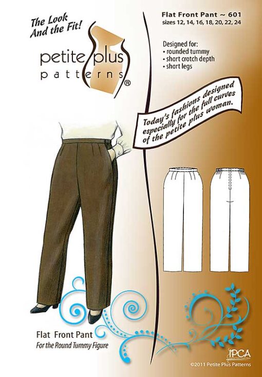 Cover, Petite Plus Patterns 601, Flat Front Pant, size 12-24, designed for full-figured petites, straight legged pant with part elastic waist, illustration, flats