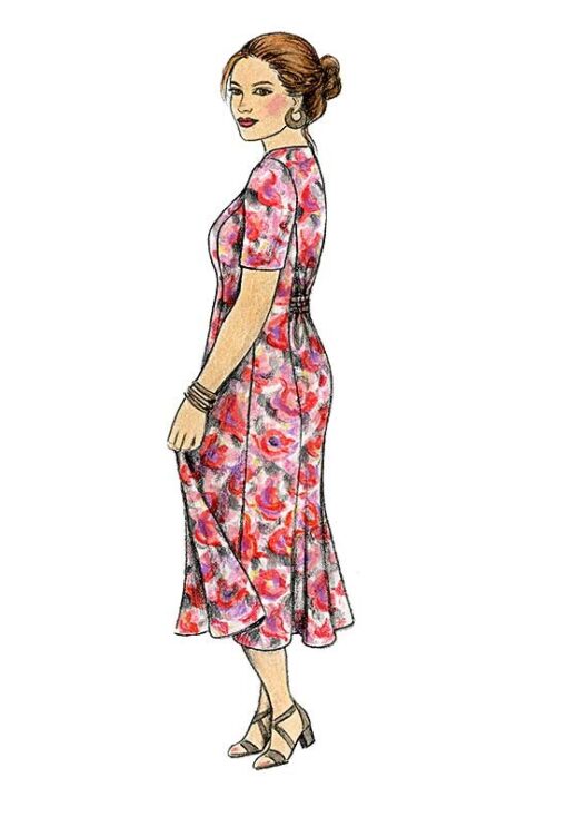 Illustration of Princess Seamed Dress, View B with short sleeves and gathered back - made from Petite Plus Patterns #302.