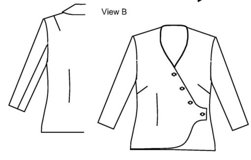 Line drawing of View B, Petite Plus Patterns 203, Wrap Jacket Blouse. Jacket with set-in, long sleeves, 4-button, asymmetric closure.