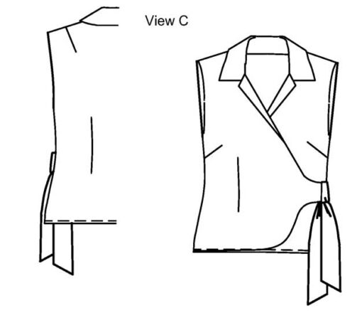 Line drawing of View A, Petite Plus Patterns 203, Wrap Jacket Blouse. Sleeveless blouse with collar and asymmetric tie closure.